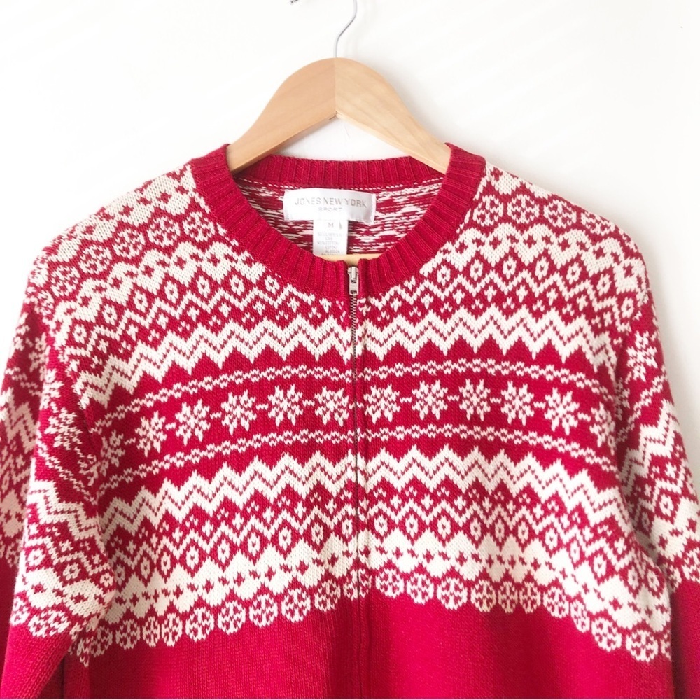 Jones New York Fair Isle Full Zip Knit Sweater Red Ivory Size Medium - Picture 7 of 14